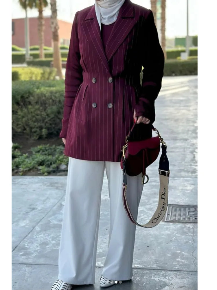 spring cherry striped Double Breasted Suit Waist Jacket