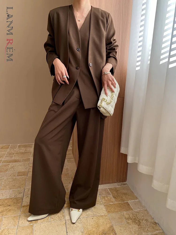 3 Piece Set V-neck Single Breasted Vest Solid Color Blazer With High Waist Pants