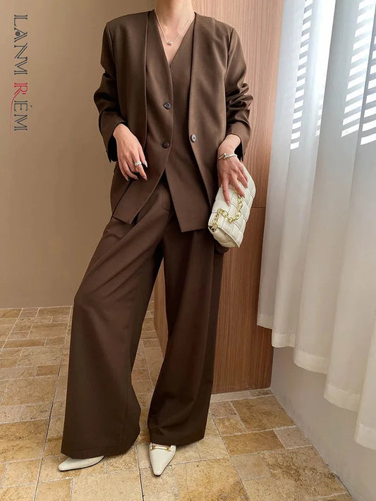 3 Piece Set V-neck Single Breasted Vest Solid Color Blazer With High Waist Pants