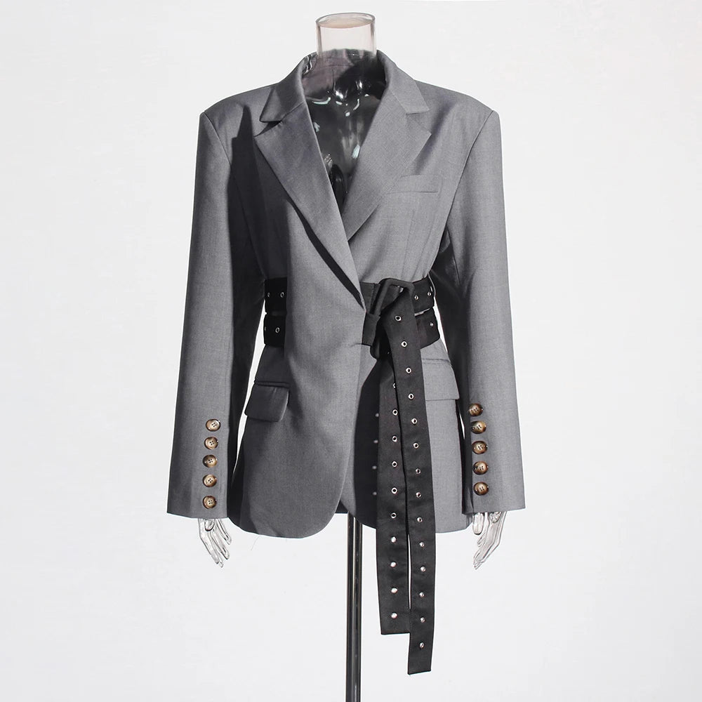 Belt Blazer Collar Long Sleeve Patchwork Button