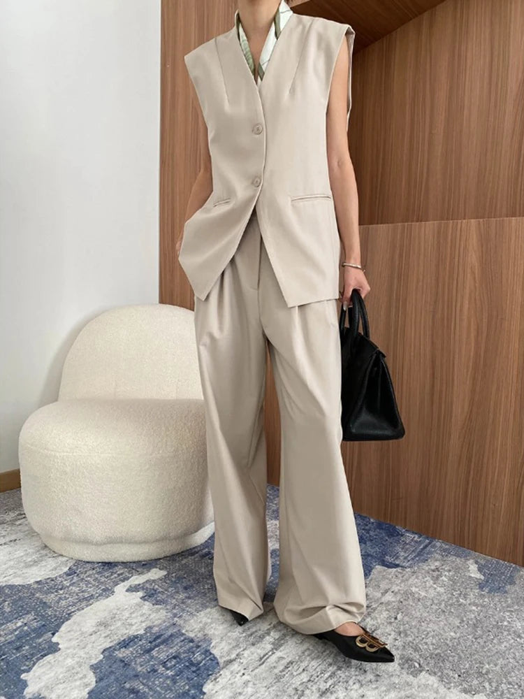 3 Piece Set V-neck Single Breasted Vest Solid Color Blazer With High Waist Pants