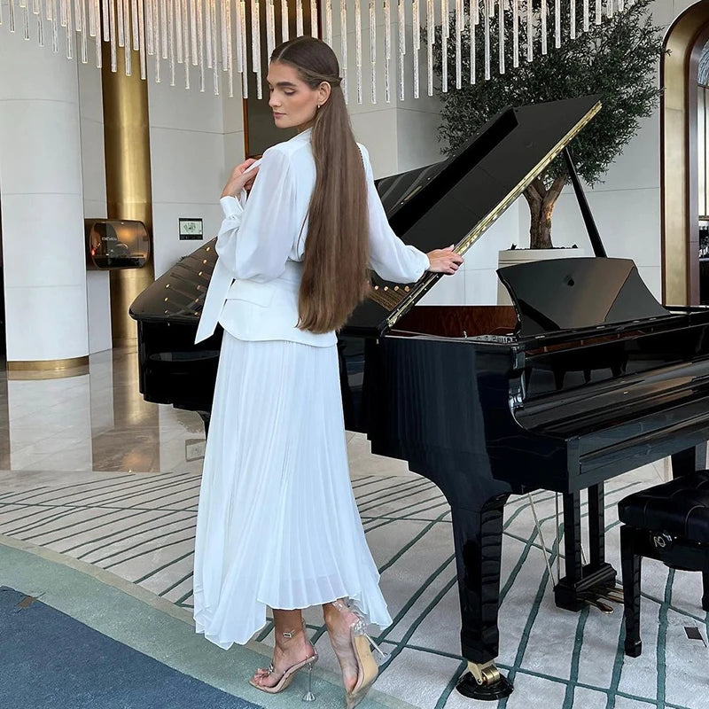 Skirt Two Piece Sets Elegant White Irregularity Long Skirts Suit
