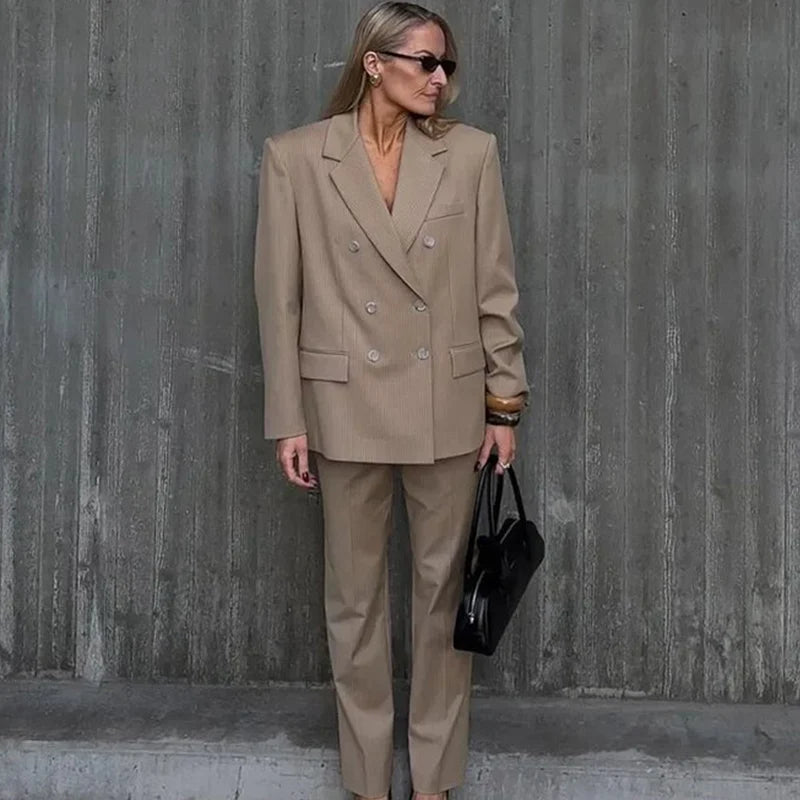 Coat Set Full Sleeve Double Breasted Lapel Jacket Wide Leg High Waist Pant