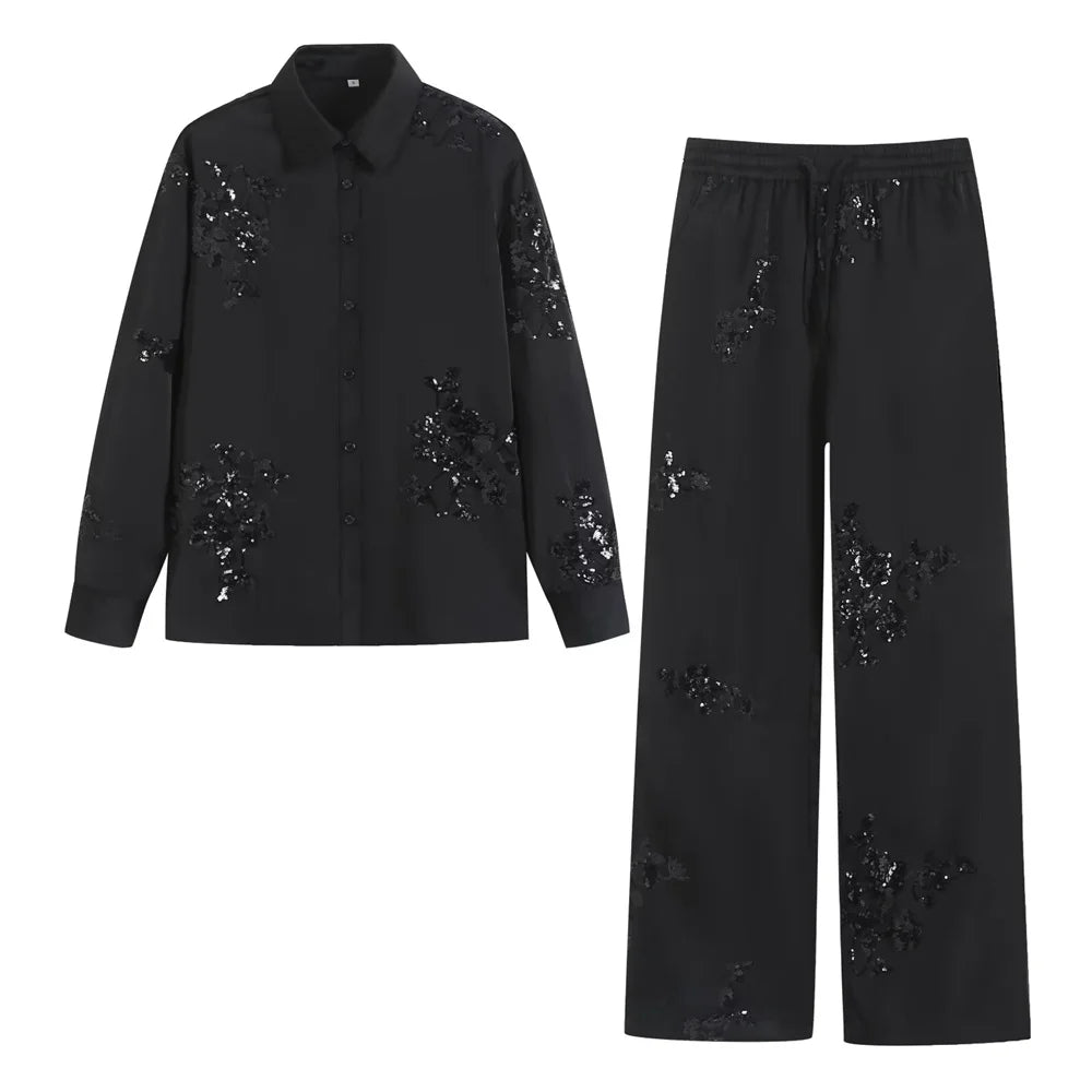Long sleeved Shirt High Waist Long Pants Casual Set