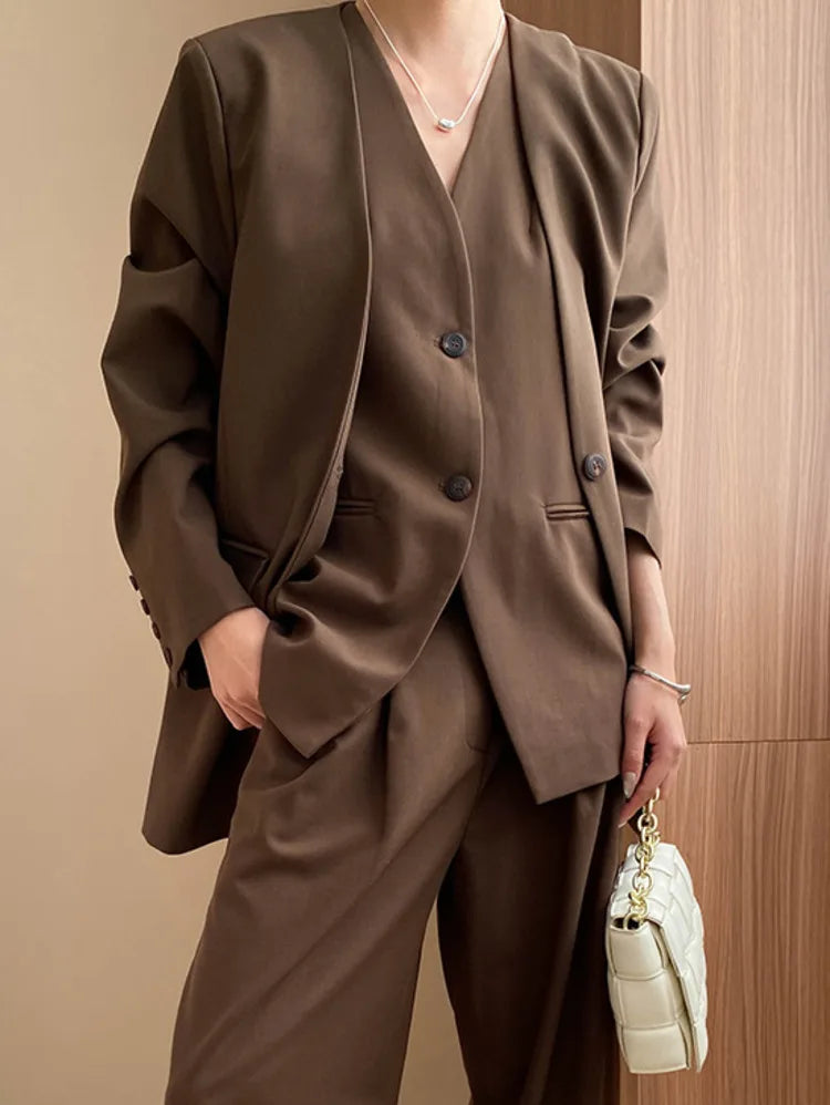 3 Piece Set V-neck Single Breasted Vest Solid Color Blazer With High Waist Pants