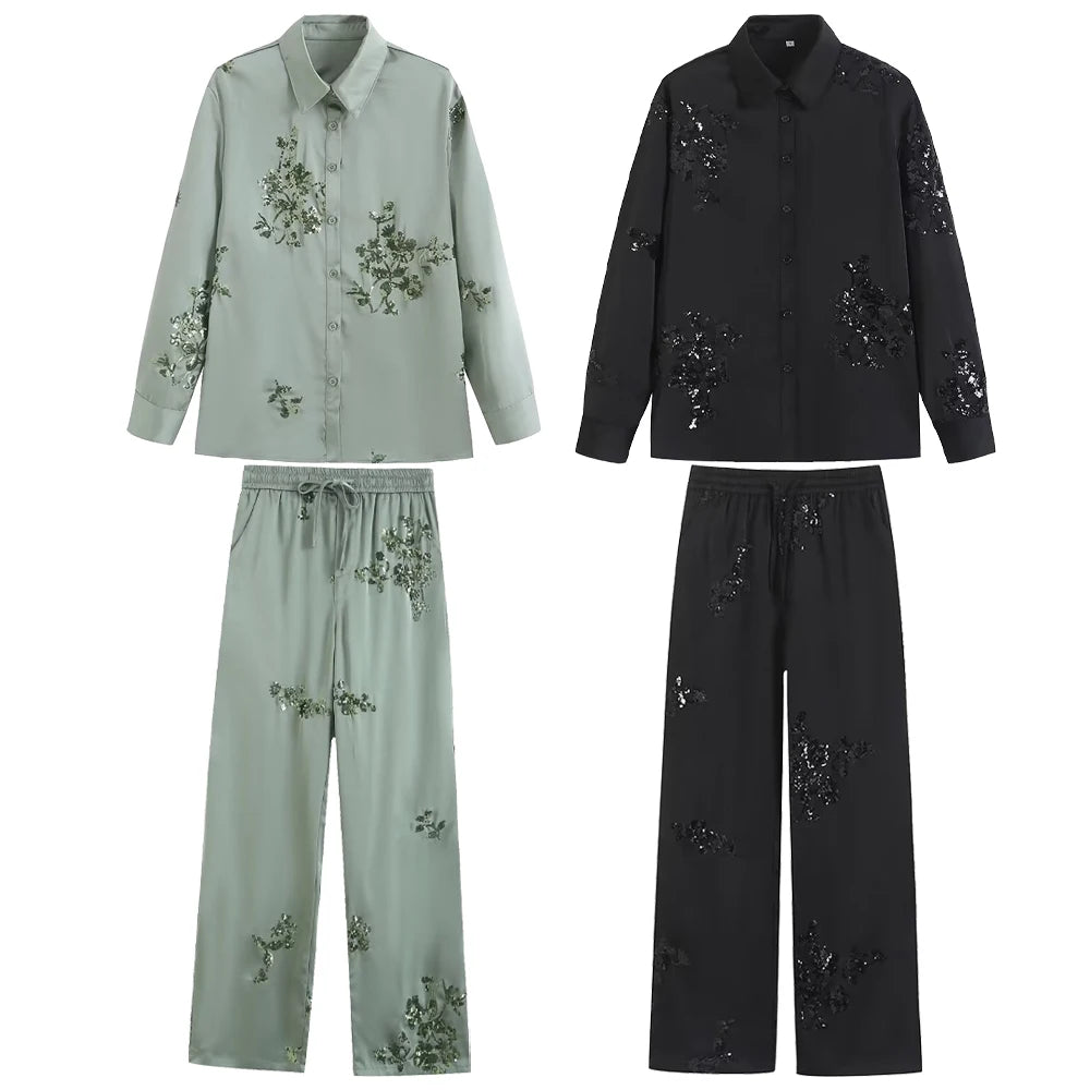 Long sleeved Shirt High Waist Long Pants Casual Set