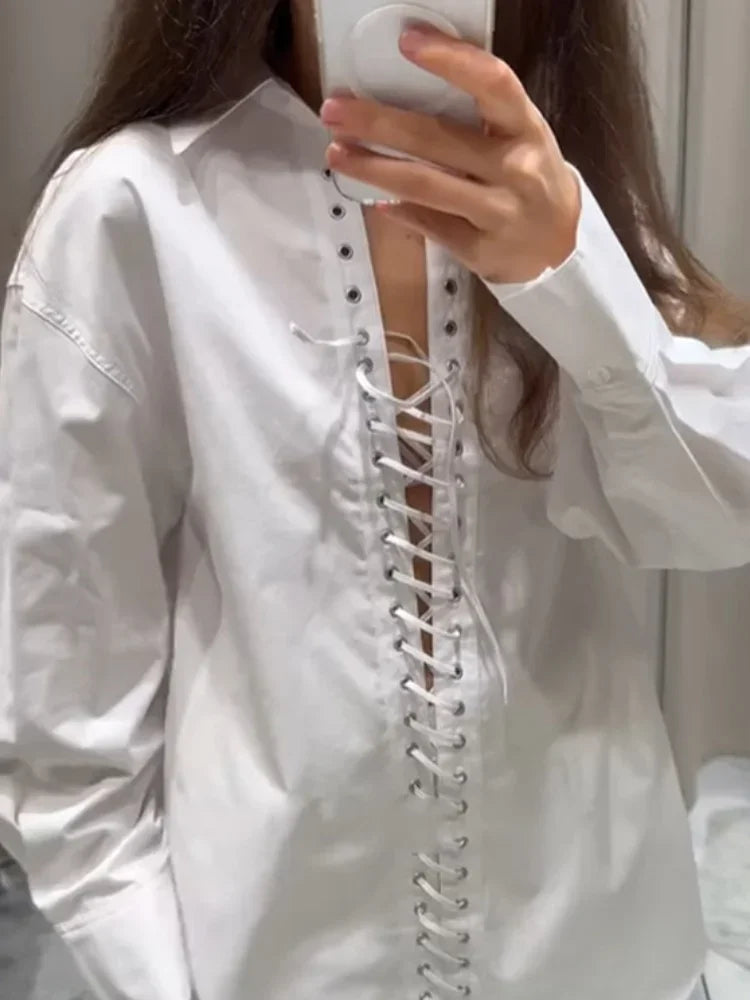 White Oversize Weave Drawstring Blouse