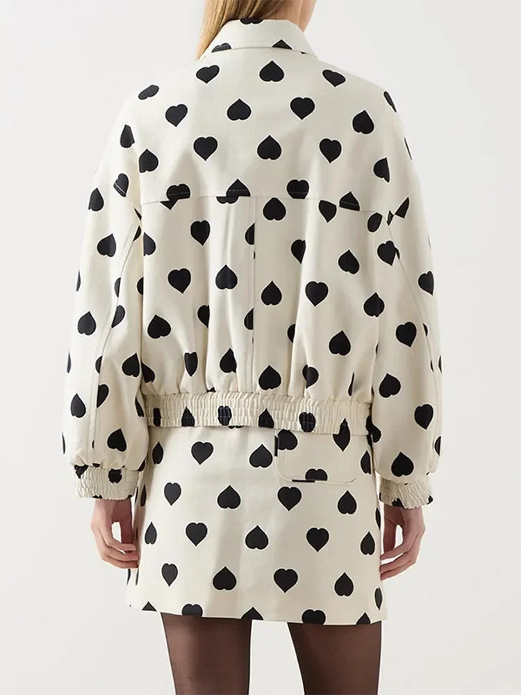 Elegant Black Polka Hearts Bomber Jacket Coat