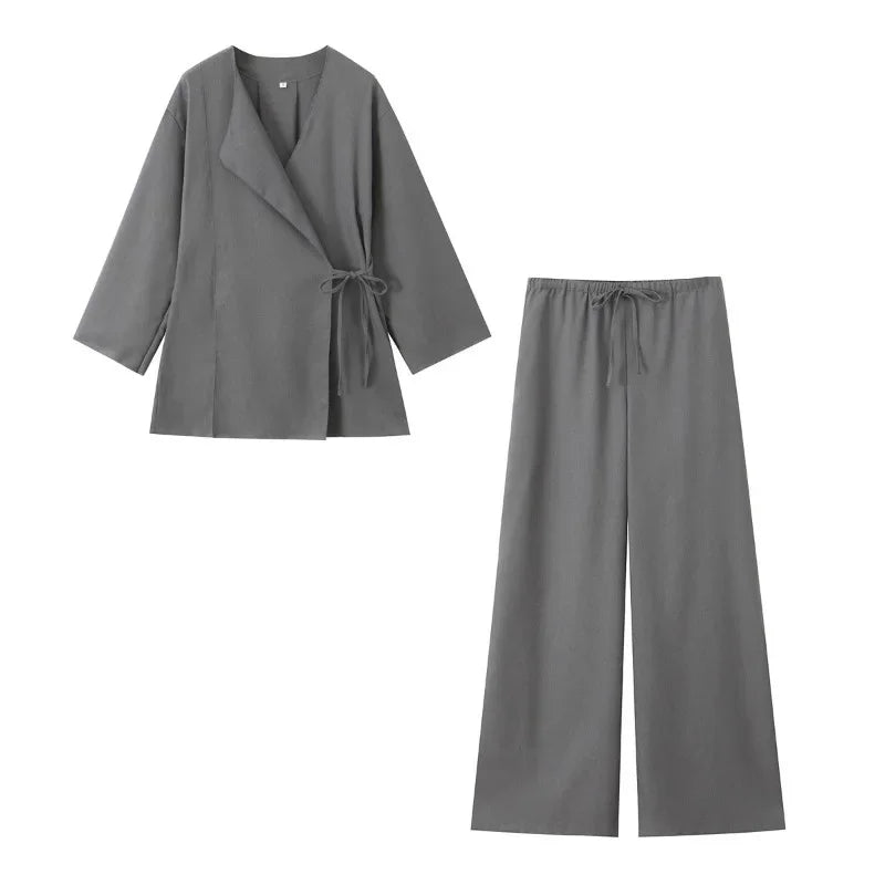 Vintage Loose Suits Long Sleeve V Neck Linen