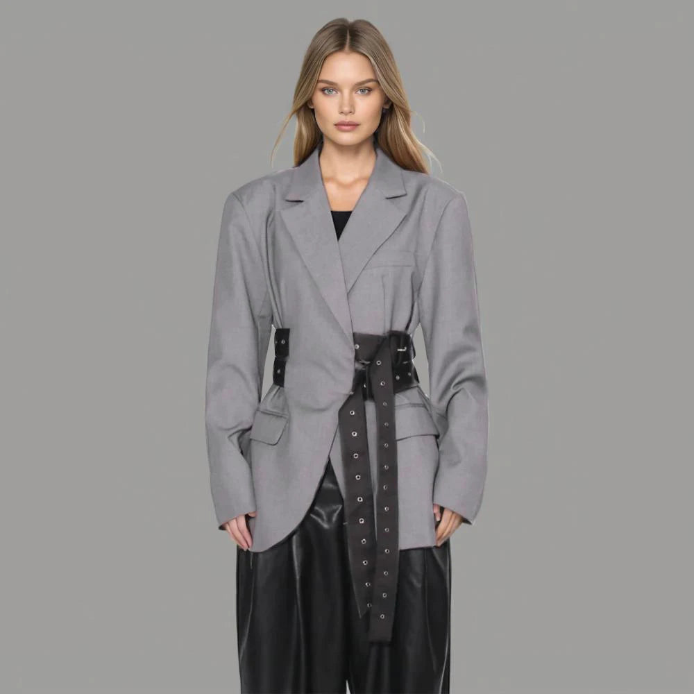 Belt Blazer Collar Long Sleeve Patchwork Button