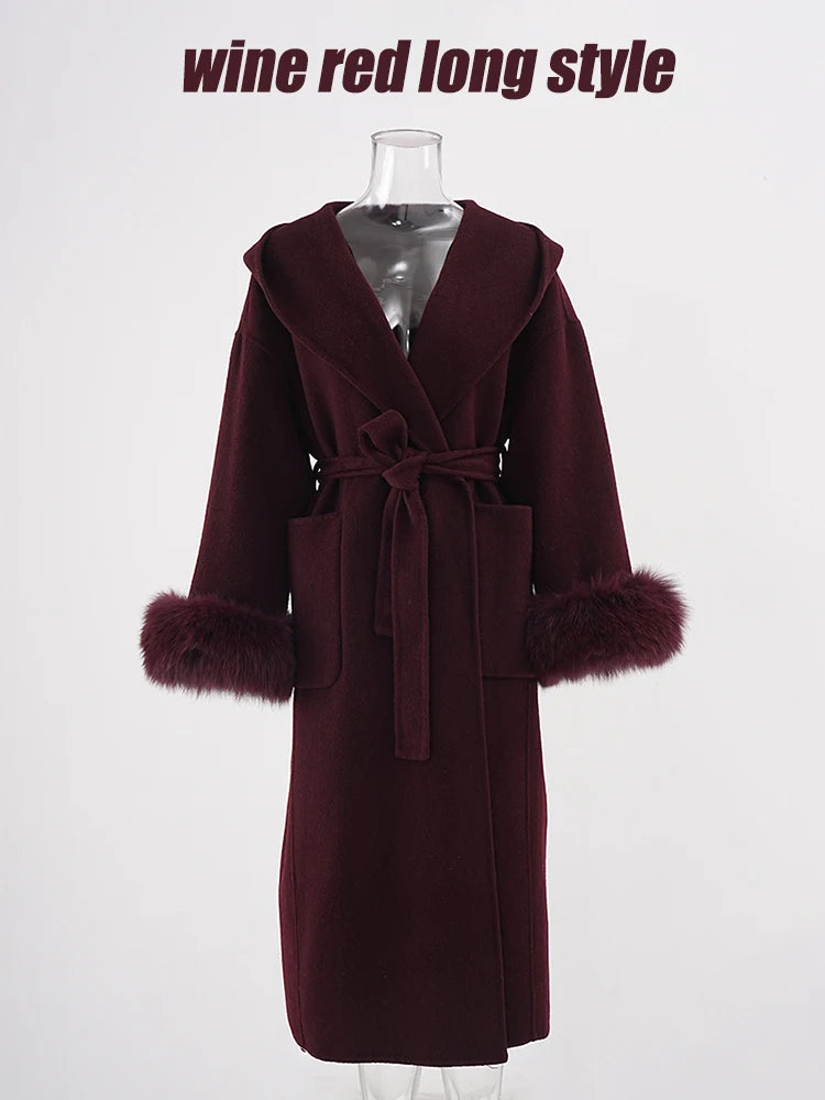 Red Fur Cuff Big Size Long Woolen Coat