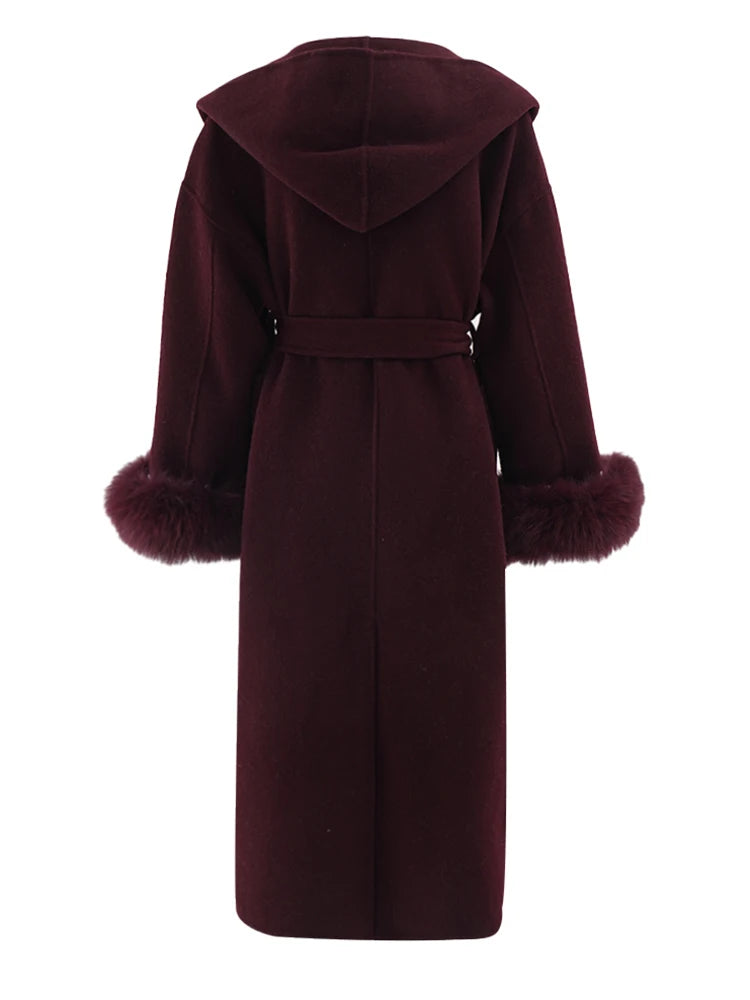Red Fur Cuff Big Size Long Woolen Coat