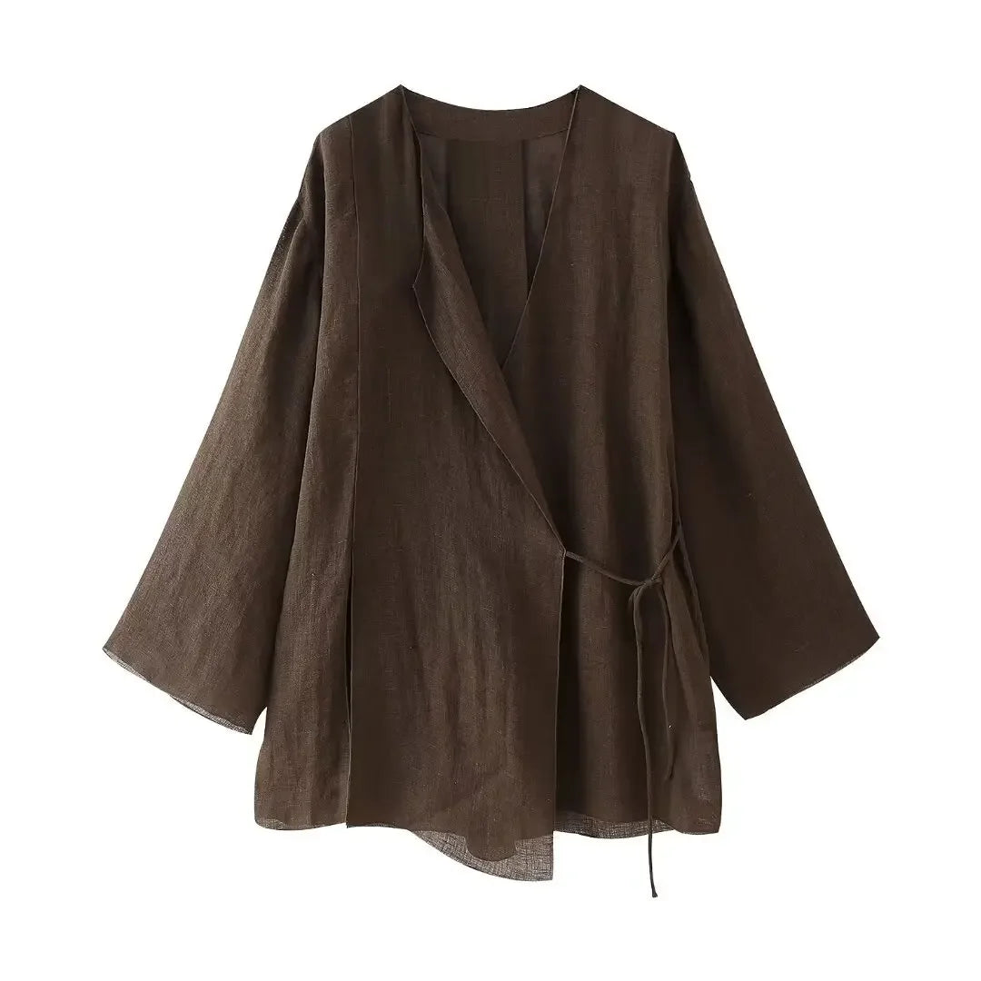 Vintage Loose Suits Long Sleeve V Neck Linen