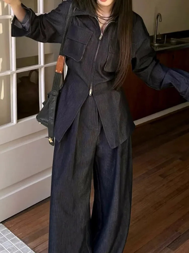 Set Jacket & Jeans Two Piece Outfit Casual Chic Pocket