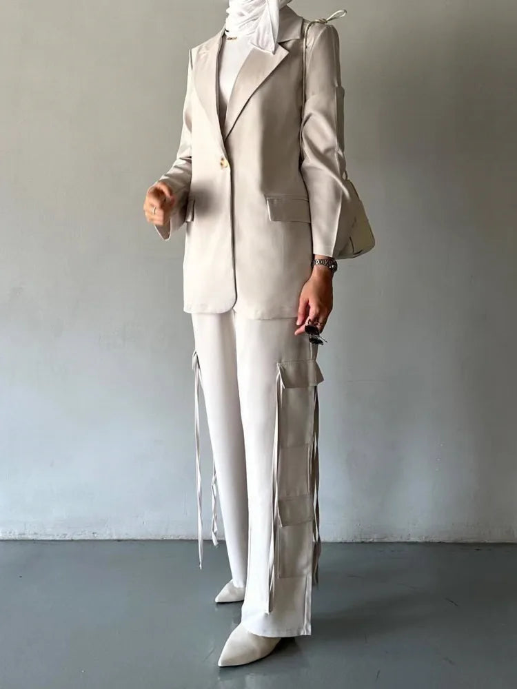 Suit Set Multi Pocket Ribbon Blazer & Pants Two Piece