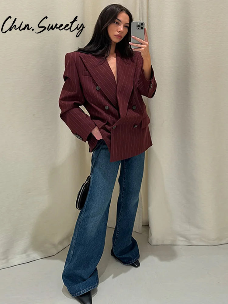 Coat Set Full Sleeve Double Breasted Lapel Jacket Wide Leg High Waist Pant
