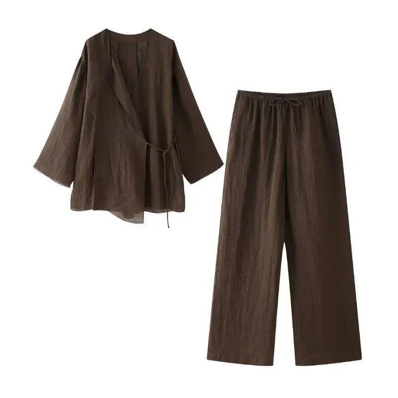 Vintage Loose Suits Long Sleeve V Neck Linen