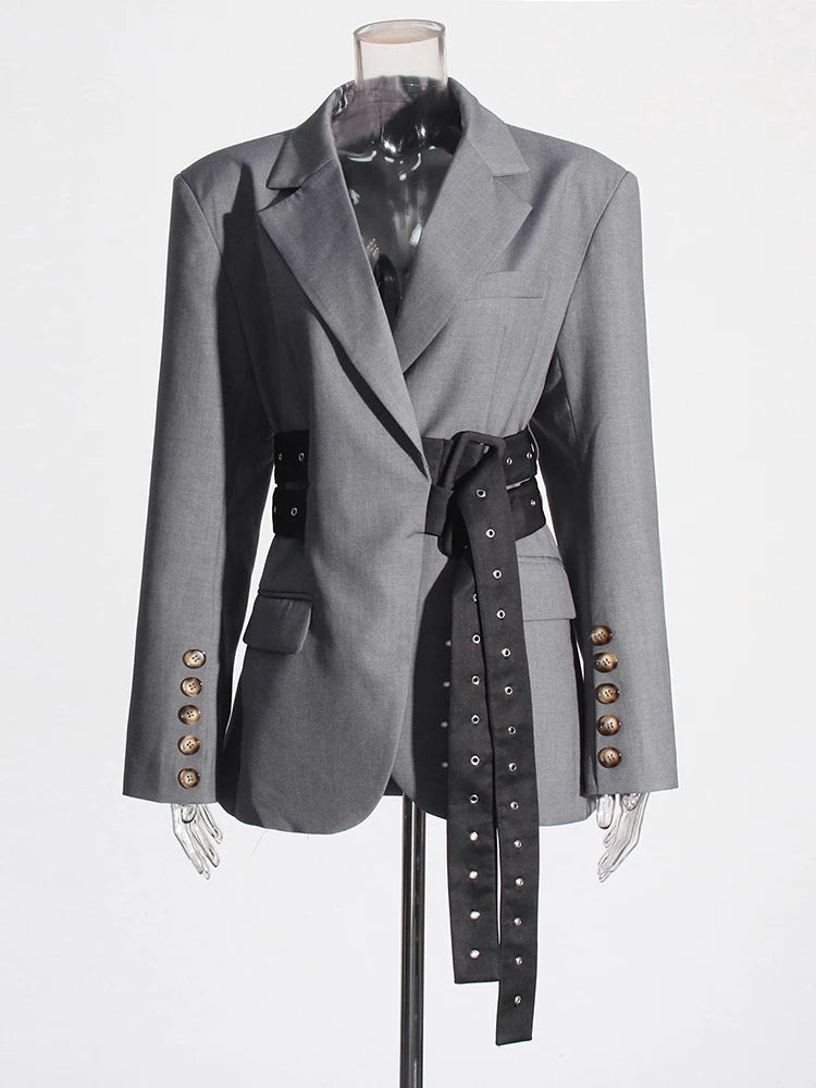 Belt Blazer Collar Long Sleeve Patchwork Button