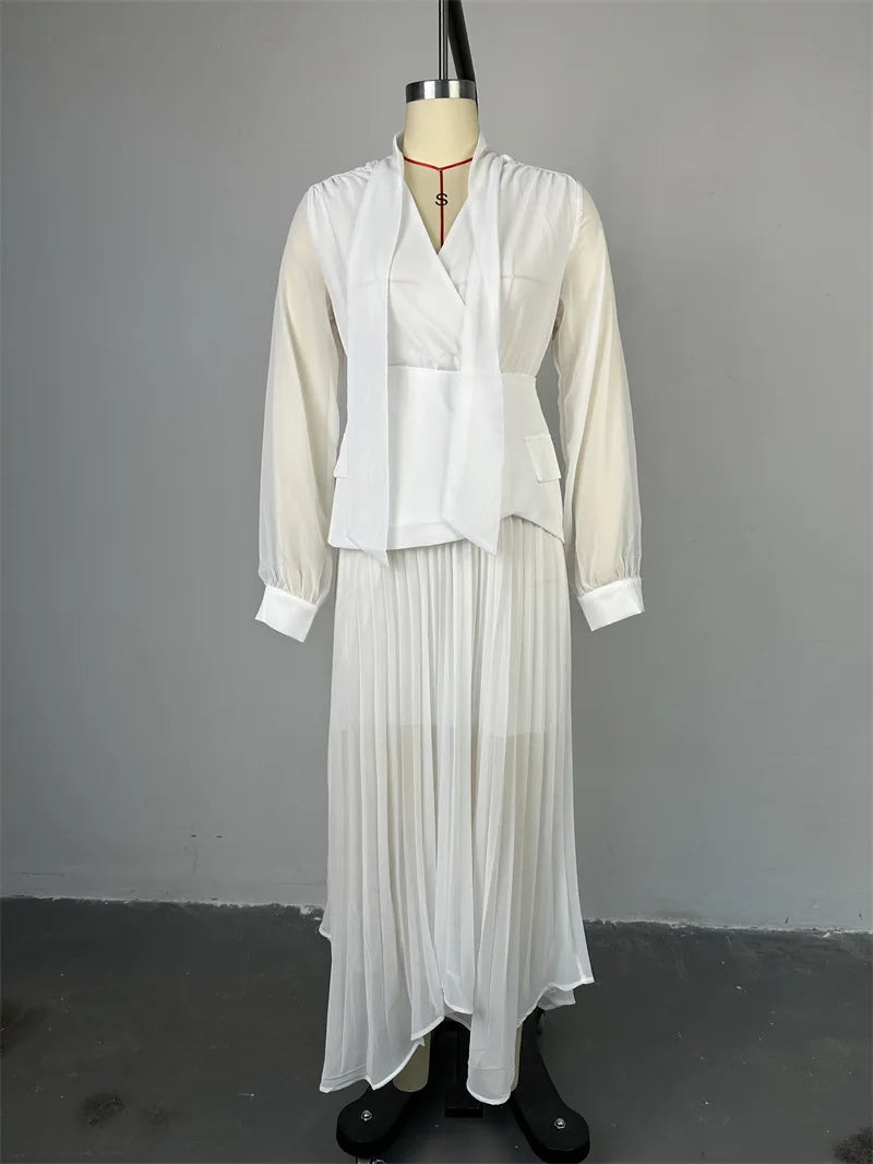 Skirt Two Piece Sets Elegant White Irregularity Long Skirts Suit