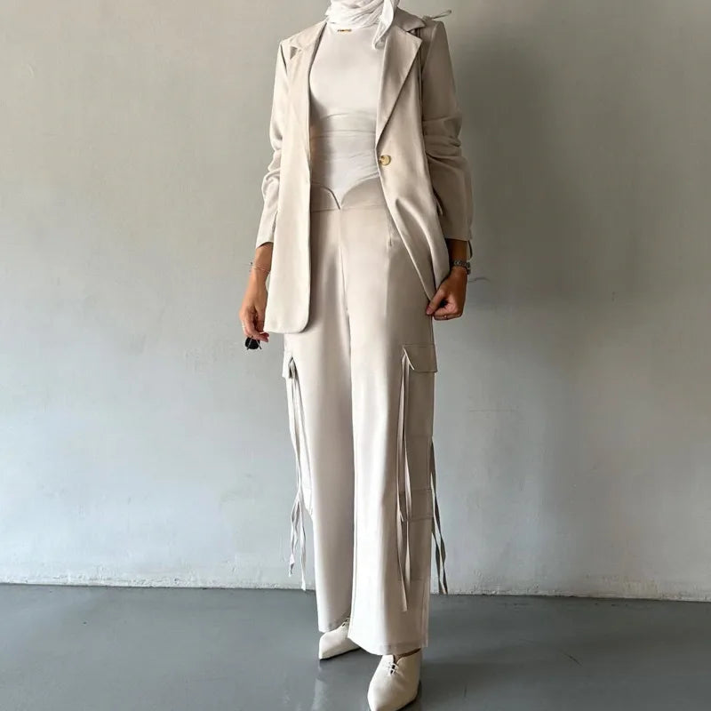 Suit Set Multi Pocket Ribbon Blazer & Pants Two Piece