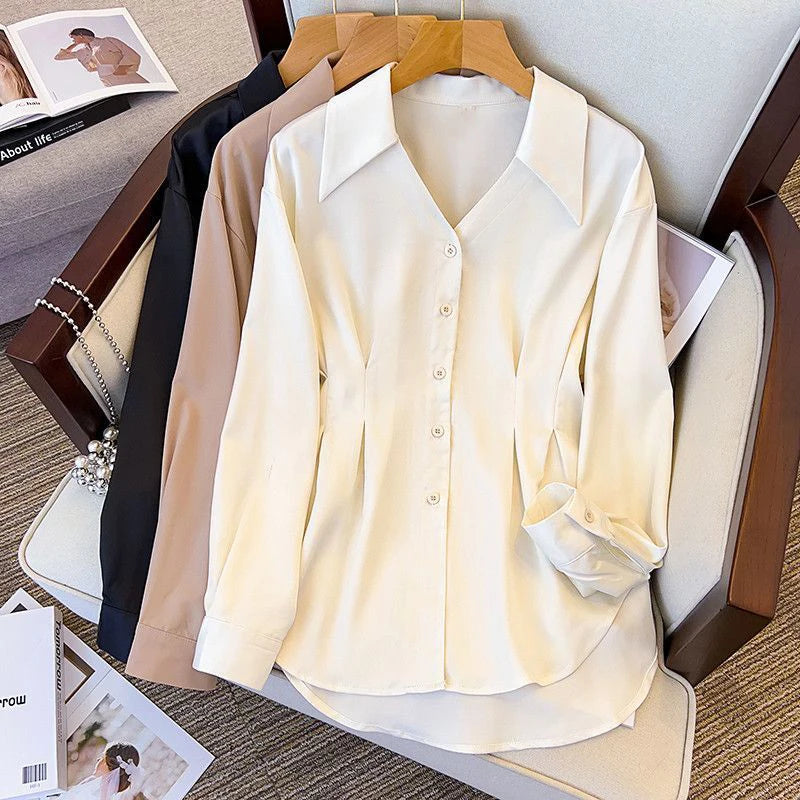 Button Shirts Ruffled V Neck Blouse