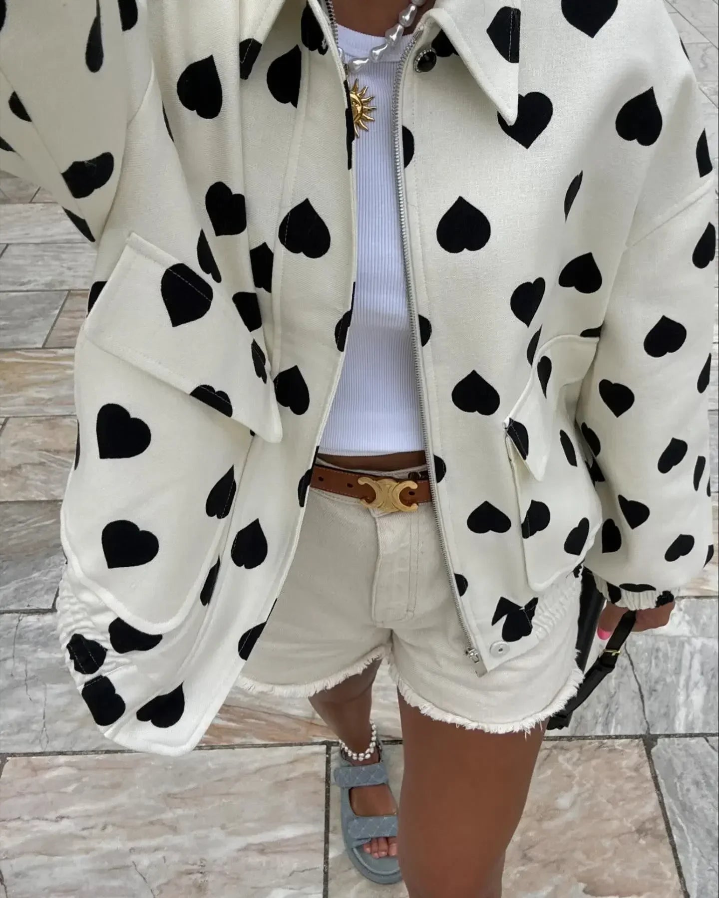 Elegant Black Polka Hearts Bomber Jacket  Coat