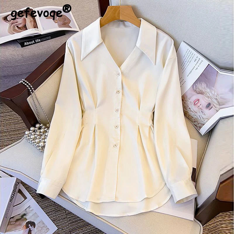 Button Shirts Ruffled V Neck Blouse