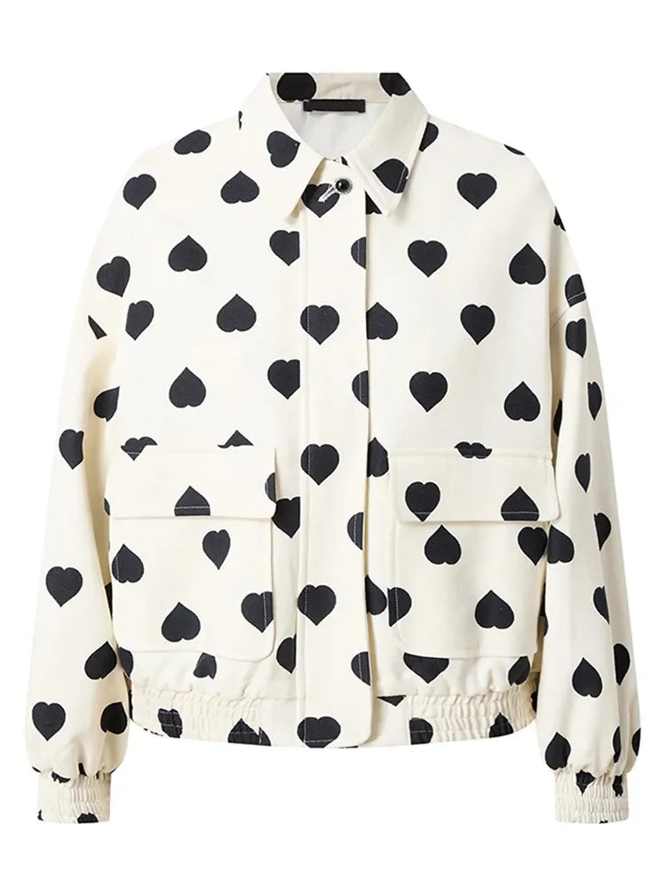 Elegant Black Polka Hearts Bomber Jacket  Coat