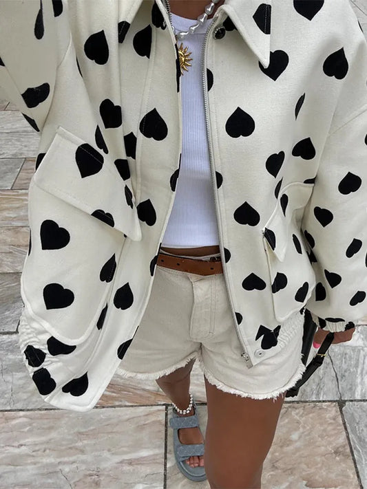 Elegant Black Polka Hearts Bomber Jacket  Coat