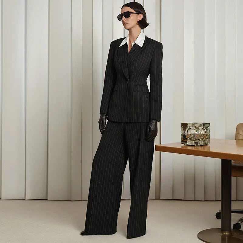 Coat Set Full Sleeve Double Breasted Lapel Jacket Wide Leg High Waist Pant
