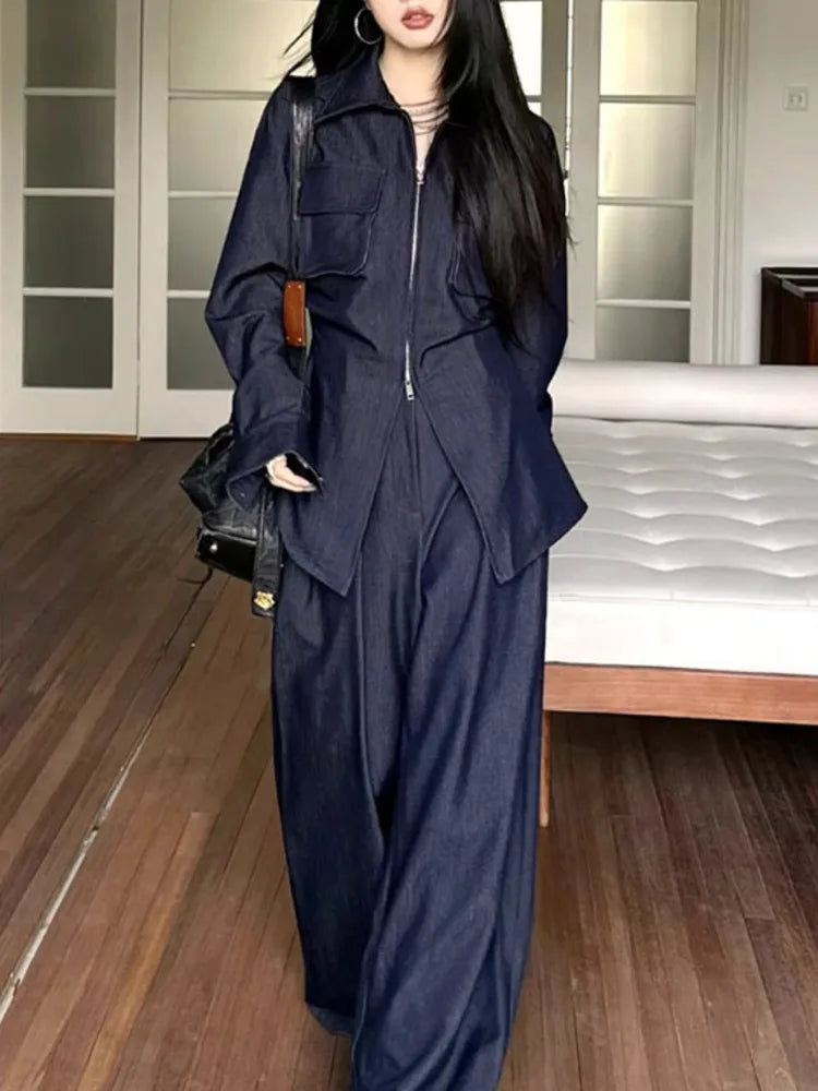 Set Jacket & Jeans Two Piece Outfit Casual Chic Pocket