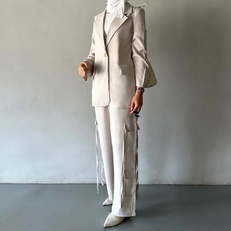 Suit Set Multi Pocket Ribbon Blazer & Pants Two Piece