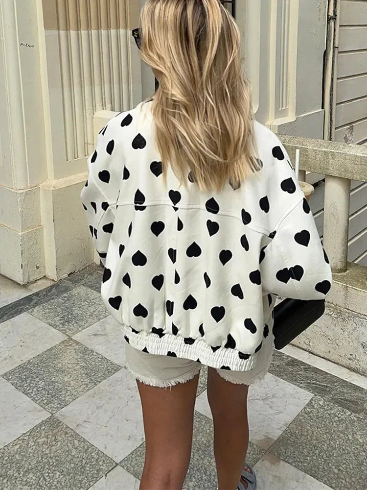 Elegant Black Polka Hearts Bomber Jacket  Coat